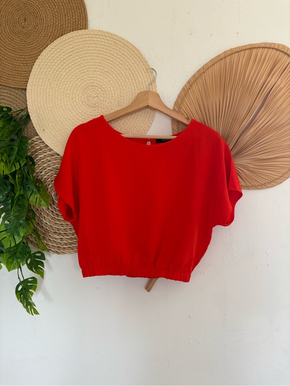 Red Cropped Short Sleeve Women's Top - Casual Elastic Hem